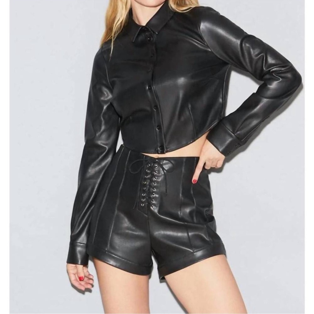 Fleur Du Mal Faux Leather Cropped Button Down in Black New with Tags!